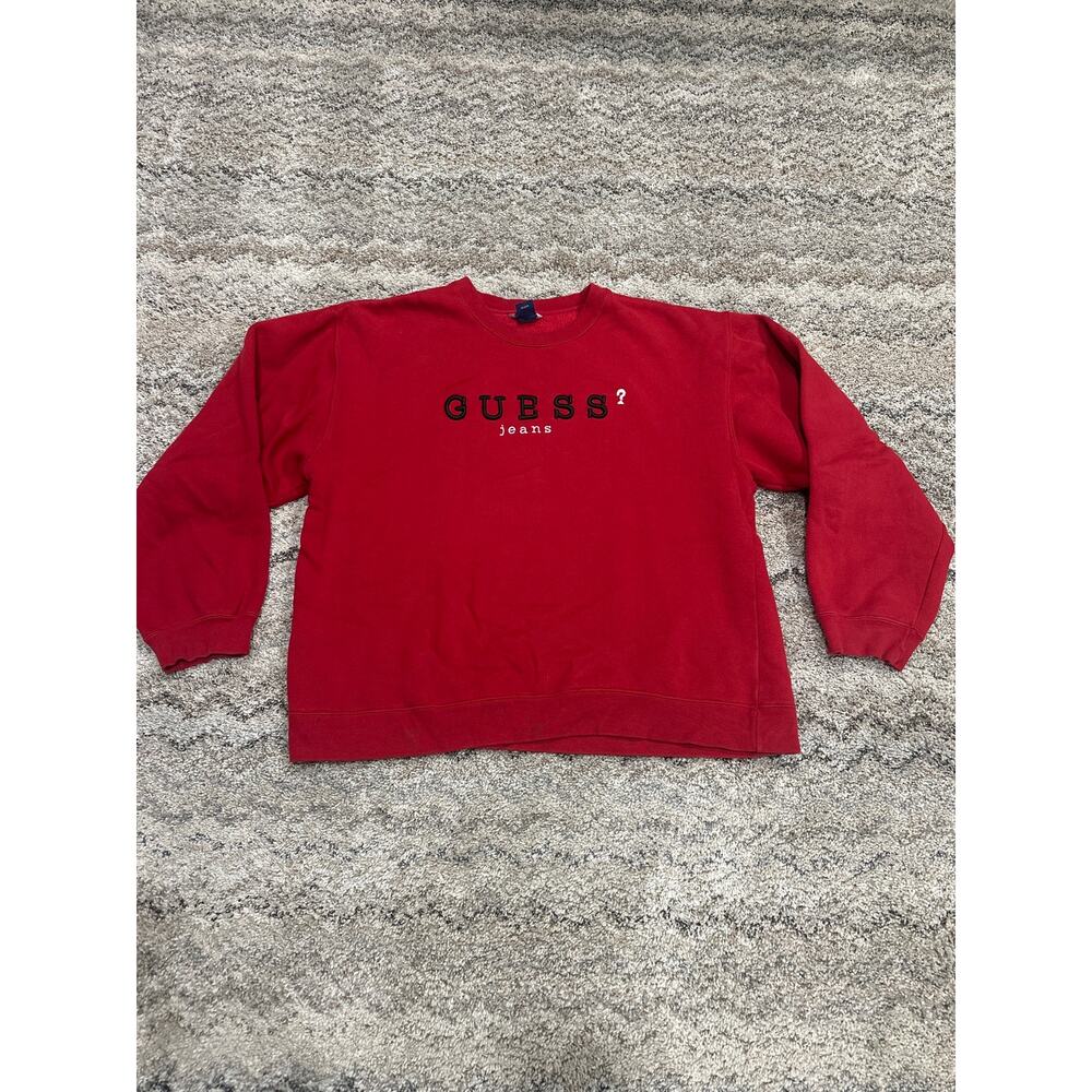 Vintage 90’s Guess Jeans Red Crewneck Sweater With Black Embroidered Size XL